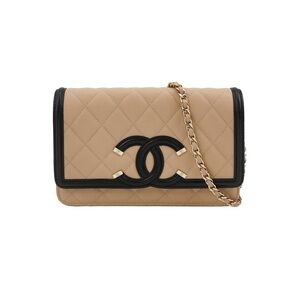 Authentic CHANEL Beige Quilted Leather Crossbody with Black Trim and Gold Chain
